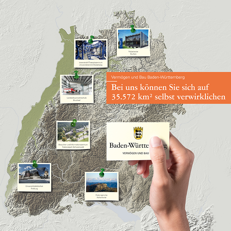 Landkarte Baden-Württemberg mit Fotos von Projekten des Landesbetriebs Vermögen und Bau Baden-Württemberg