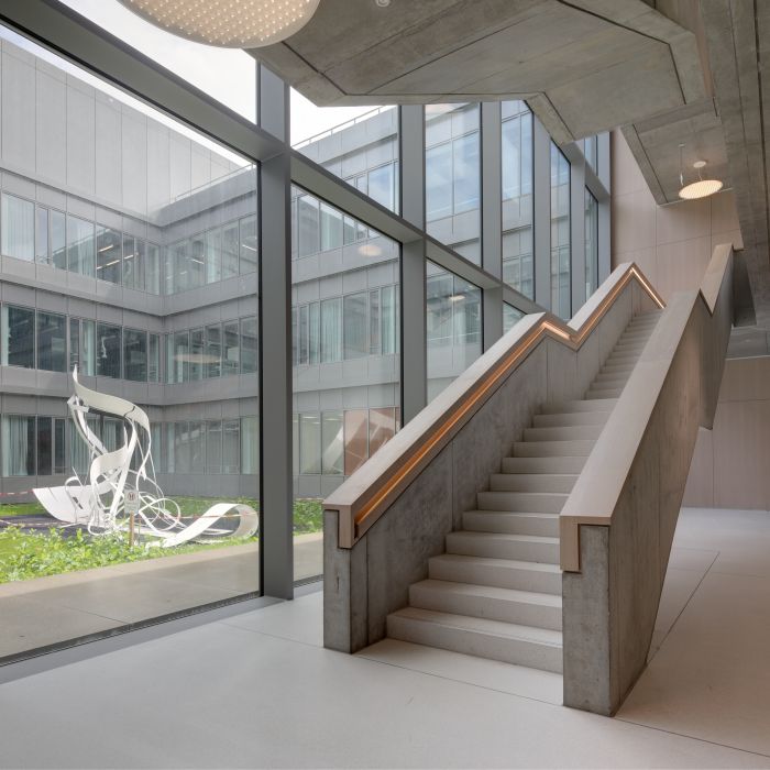 Universität Freiburg, Neubau Forschungsgebäude IMBIT, Foyer mit Freitreppe und Blick in den Innenhof