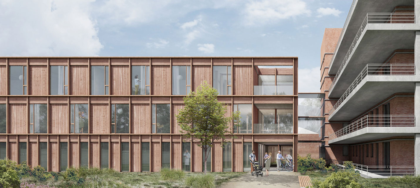 Rendering Außenansicht Holzbau Frauenklinik Tübingen