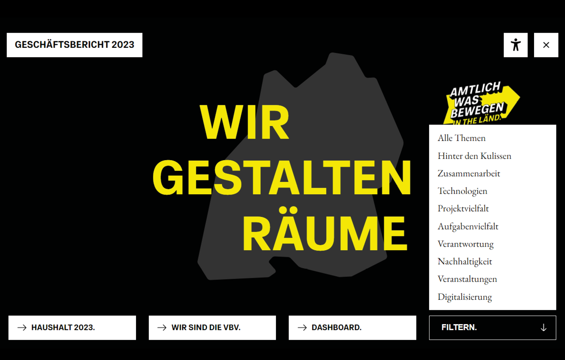 Screenshot aus dem Geschäftsbericht, Startseite Wir gestalten Räume auf schwarzem Grund
