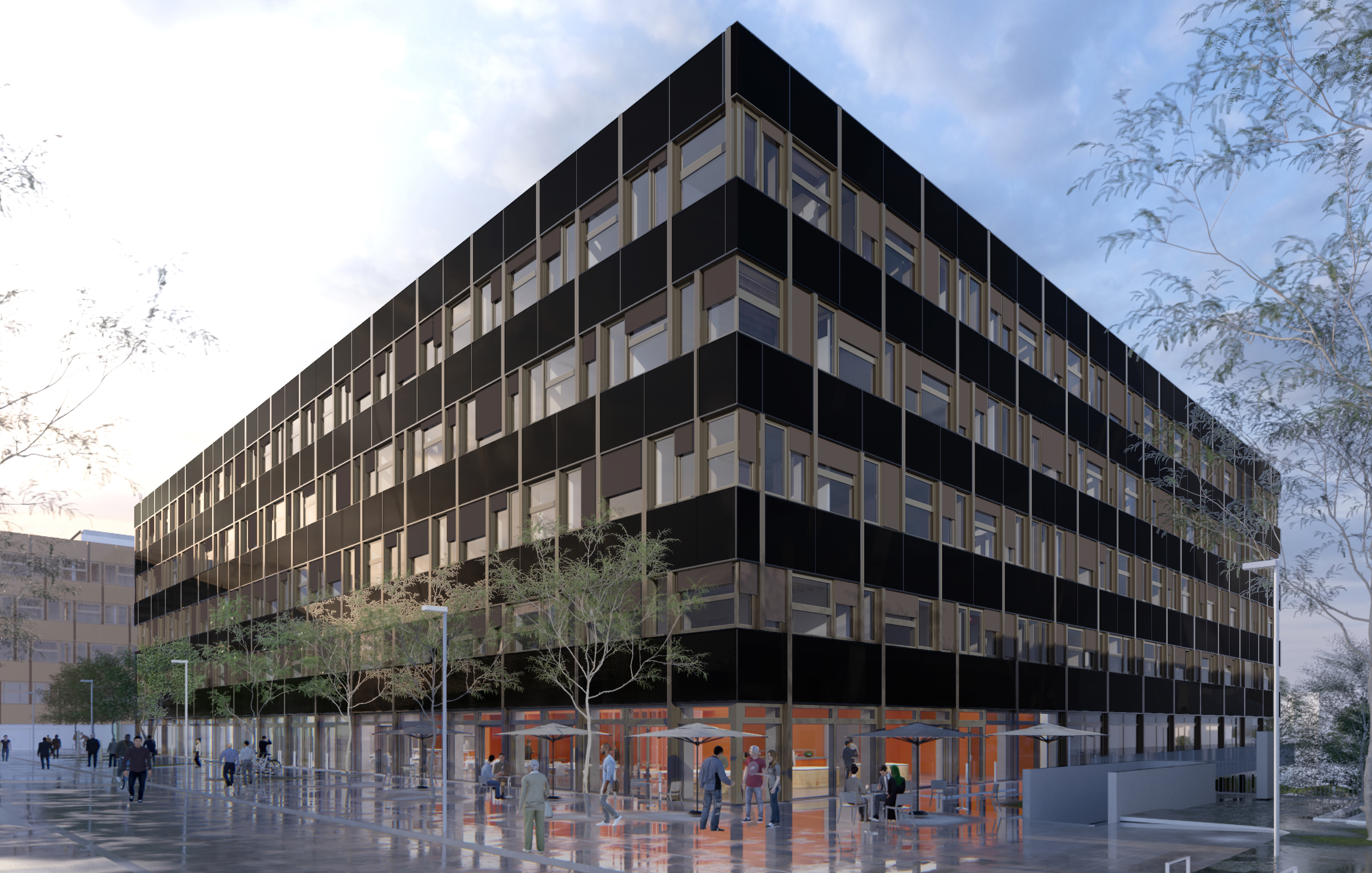 Visualisierung des modernen Institutsgebäude mit mehreren Stockwerken, großen Fenstern und Bäumen. Vor dem Haus stehen Personen und silberne Röhren als Gestaltungselement. Begrünter Campusbereich.